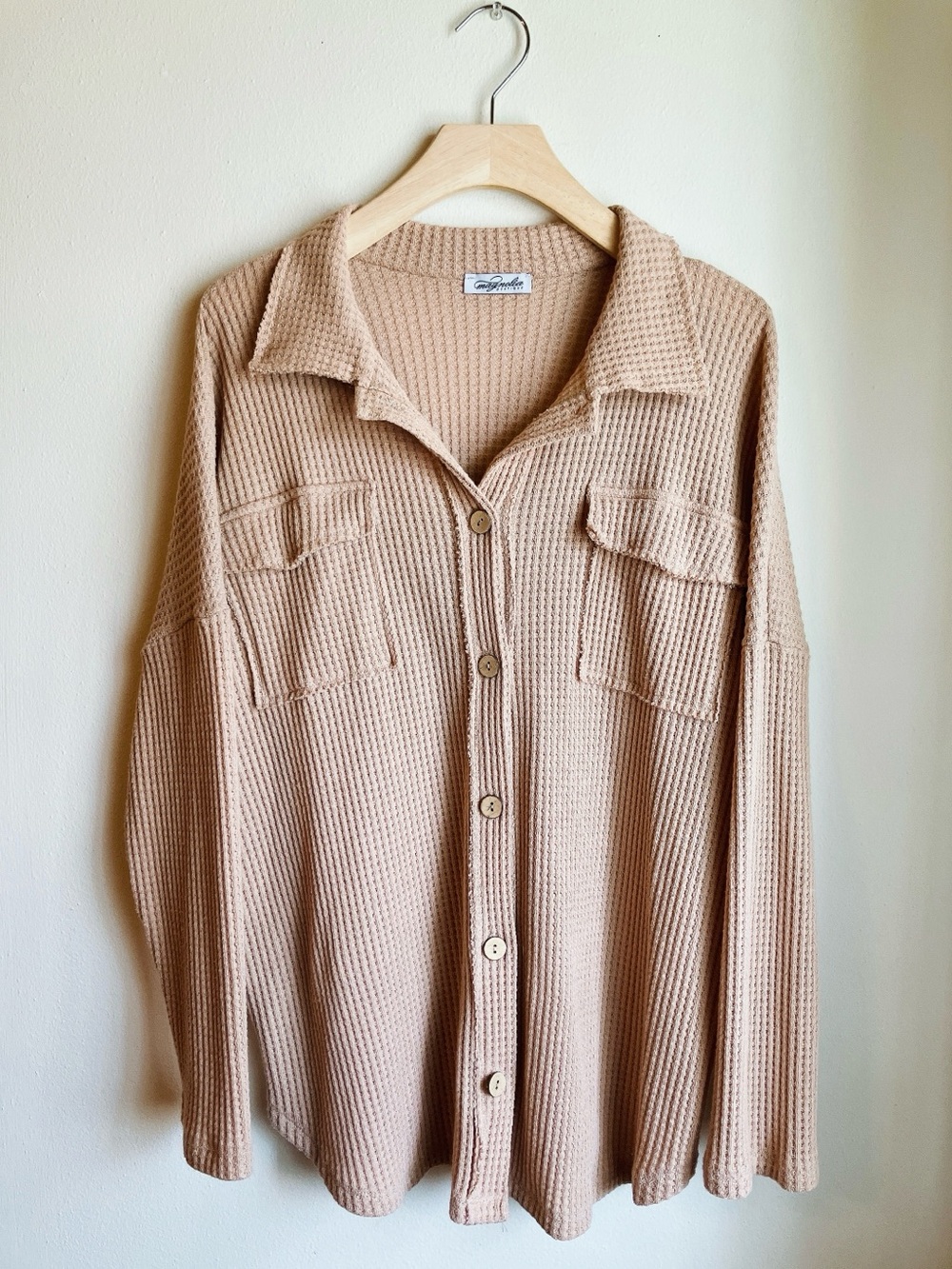 Magnolia Soft Beige Waffle-Knit Button Down Shirt Medium Lightweight